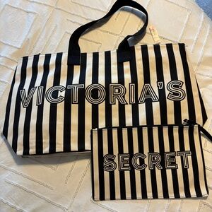 Victoria's Secret Black and White Striped Tote Bag Set